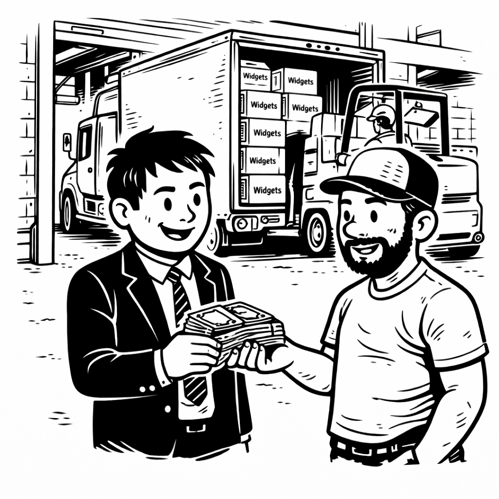Picture of factory owner getting paid for truck load of goods as it’s being loaded on the factory bay.