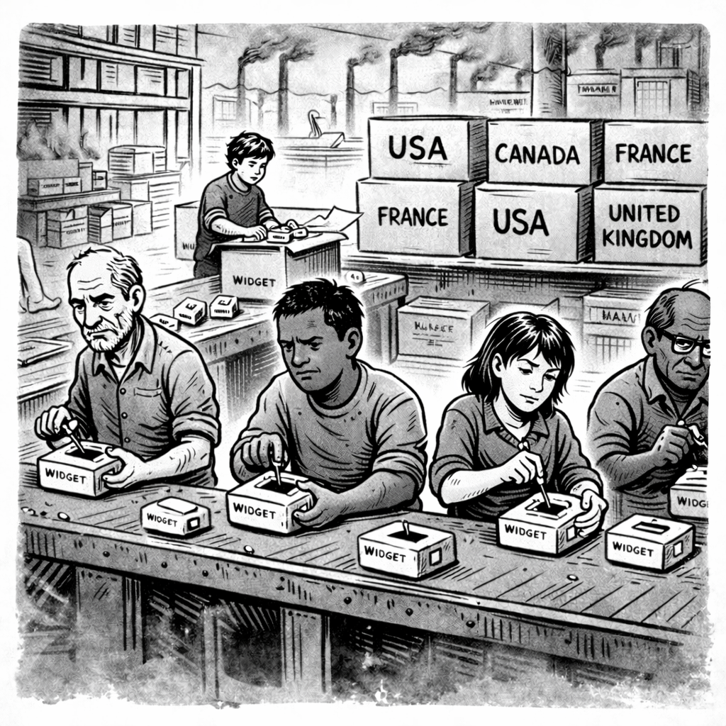Picture of several people on a production line making lots of goods versus a single person making a few of the same goods in an inefficient manner.