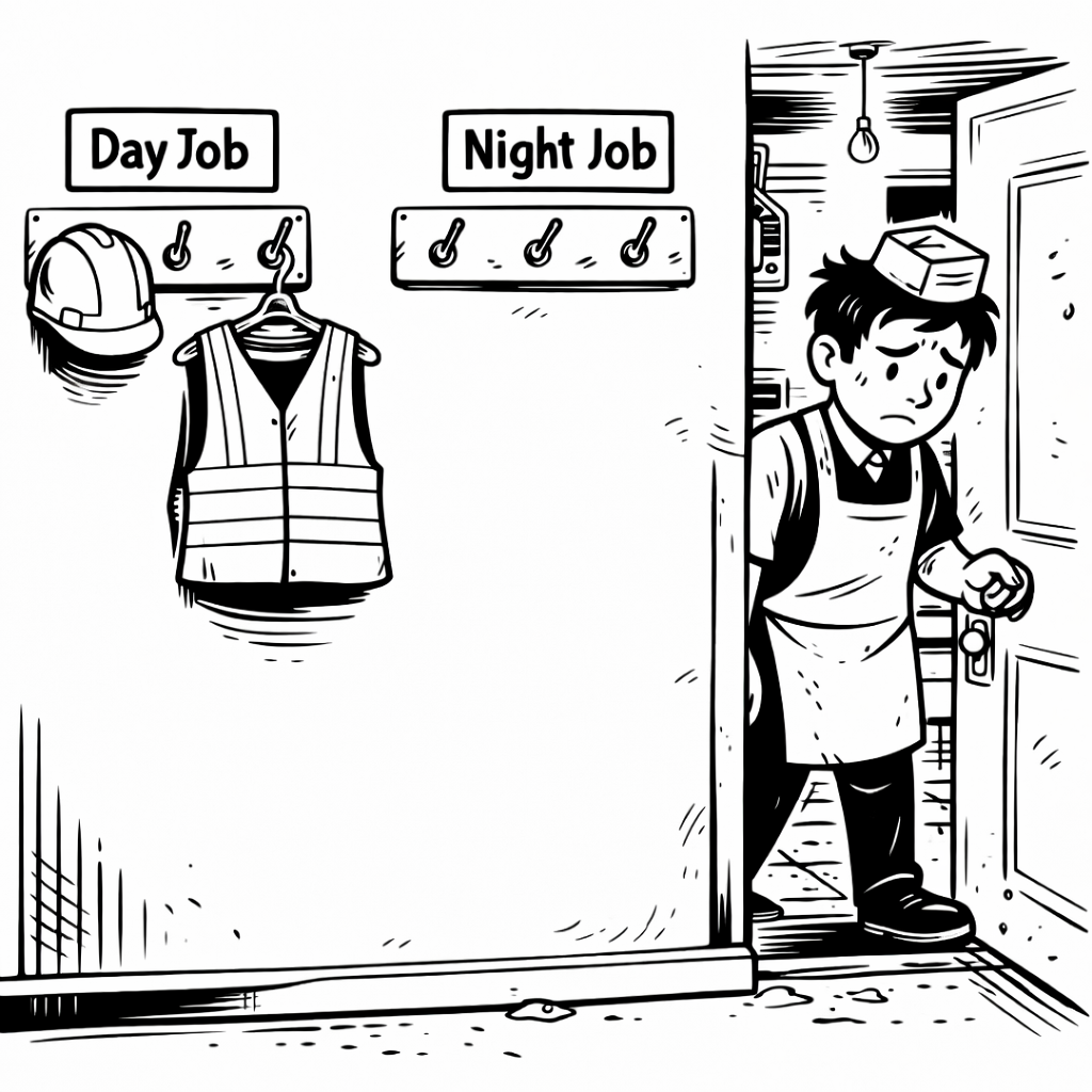 Picture of person clocking out of one job and into another (perhaps taking off construction helmet and putting on evening waiter uniform: two clothes hooks: one labeled “Day Job” with construction clothes & helmet; and the other labeled “Night Job” with waiter’s uniform) versus person/family living in a squalid apartment.