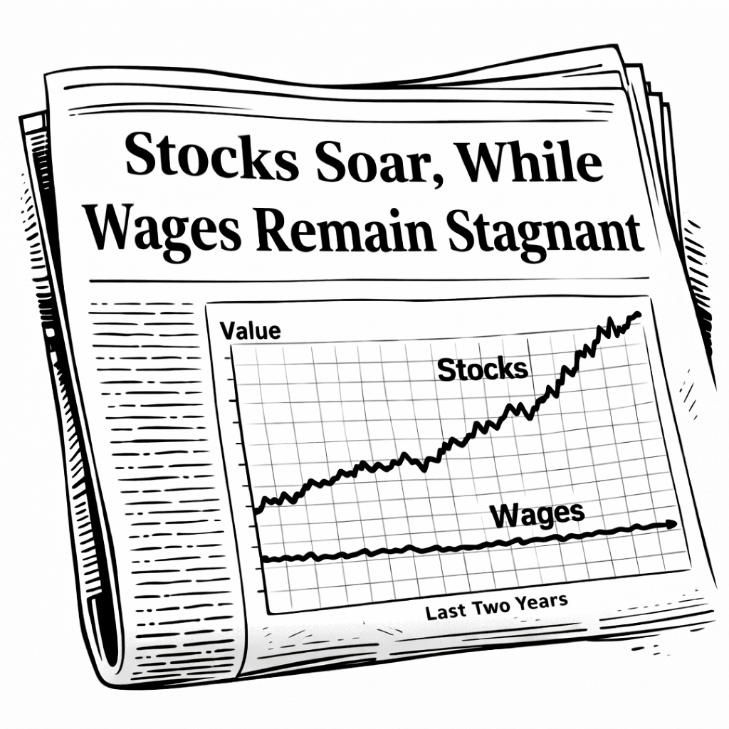 Picture depicting stock prices rising while workers’ pay checks stagnate or decline.