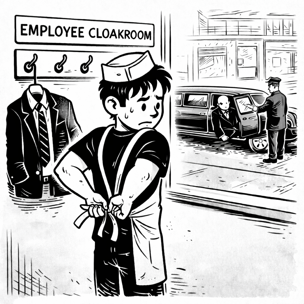 Picture of CEO in chauffeured car versus low paid worker clocking out of one job but putting on a uniform to go to their second job.