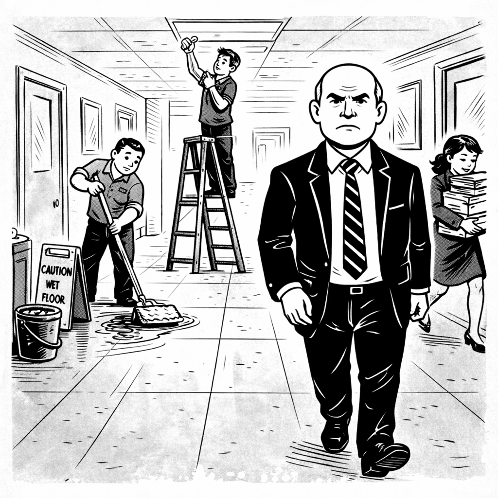 Picture of CEO walking down business corridor with many people bustling in background performing other work.
