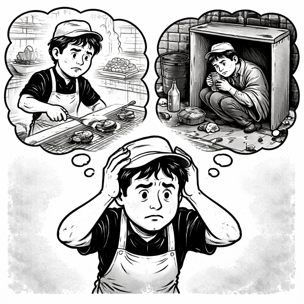 Picture depicting someone considering choice of working for less than living wage or not working and starving.