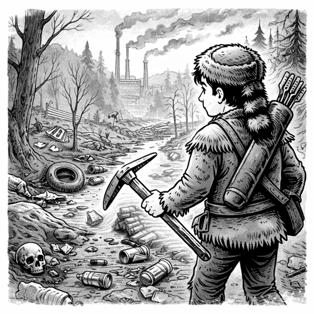 Picture of someone or family setting out into “uncontrolled free lands” with bow and arrow and basic farming implements, but on arrival finding the land is desolate and barren and has been ruined by trash, unregulated waste disposal, mining and deforestation and polluted rivers/streams
