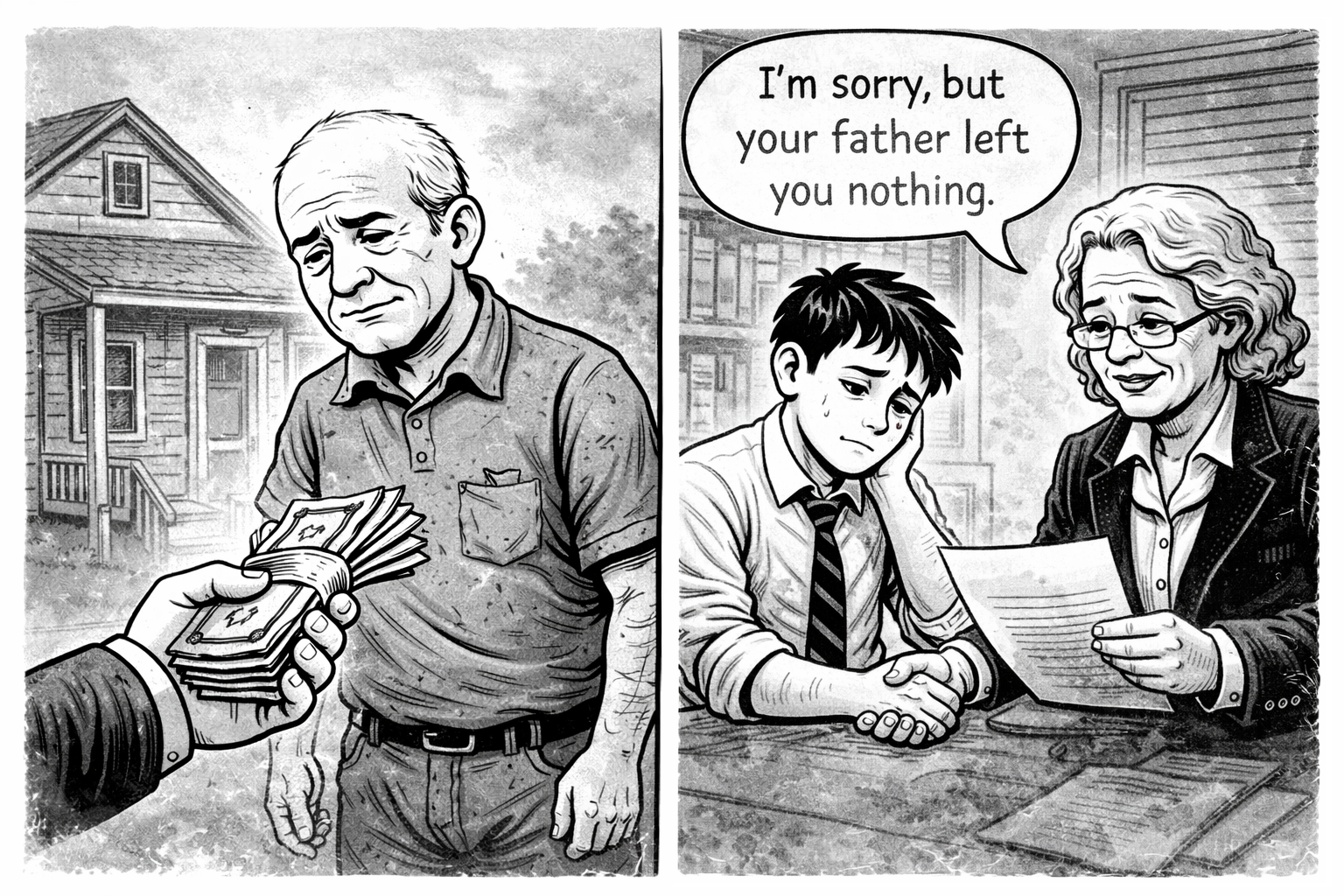 Picture of older couple selling off their home and possessions to fund retirement with their children sometime in the future being shown a will with a zero balance
